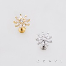 MULTI-LAYERED MARQUISE-CUT CUBIC ZIRCONIA FLORAL CLUSTER LABRET STUD 316L SURGICAL STEEL LABRET SET